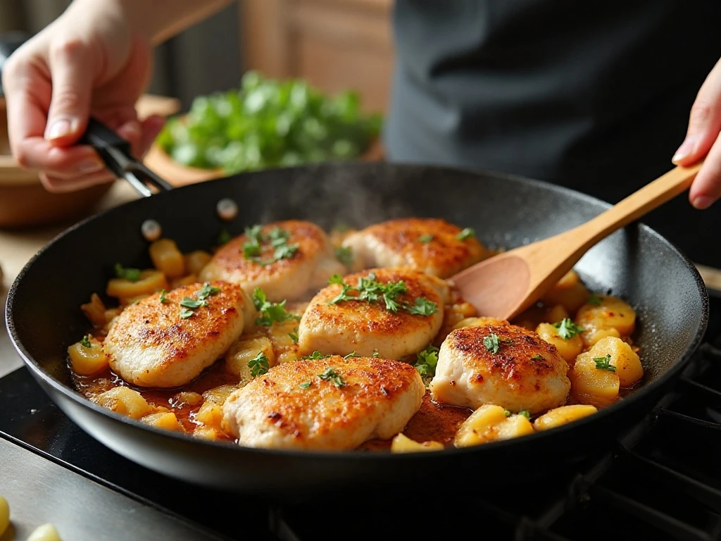 Chicken browning with turmeric and aromatics in a skillet
