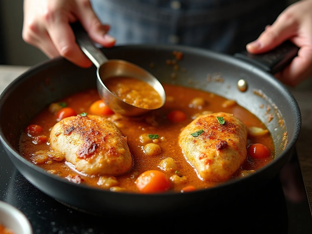 Turmeric chicken simmering in tomato broth sauce