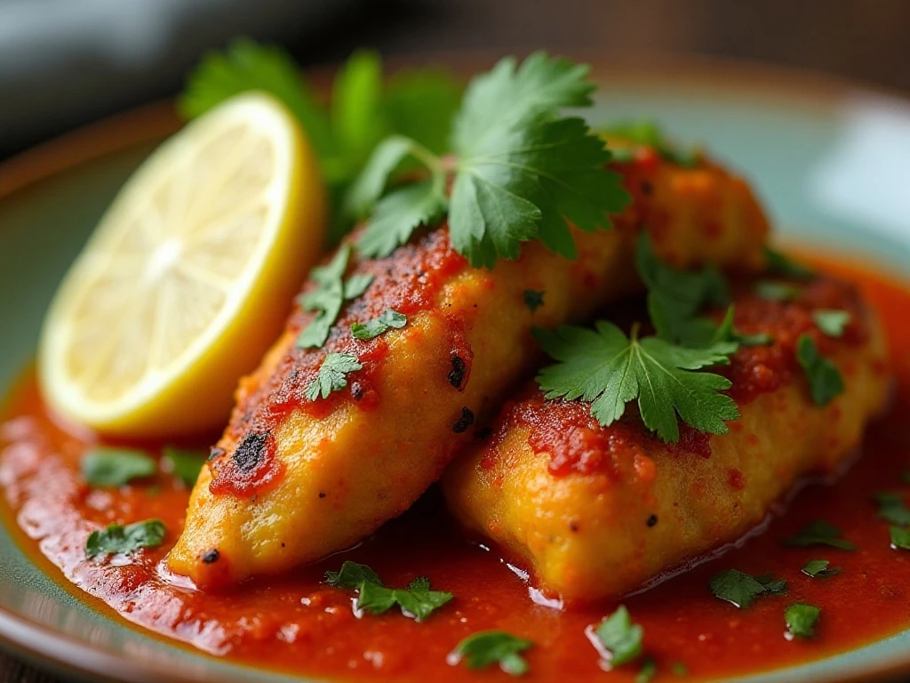 Turmeric chicken garnished with fresh herbs and lemon