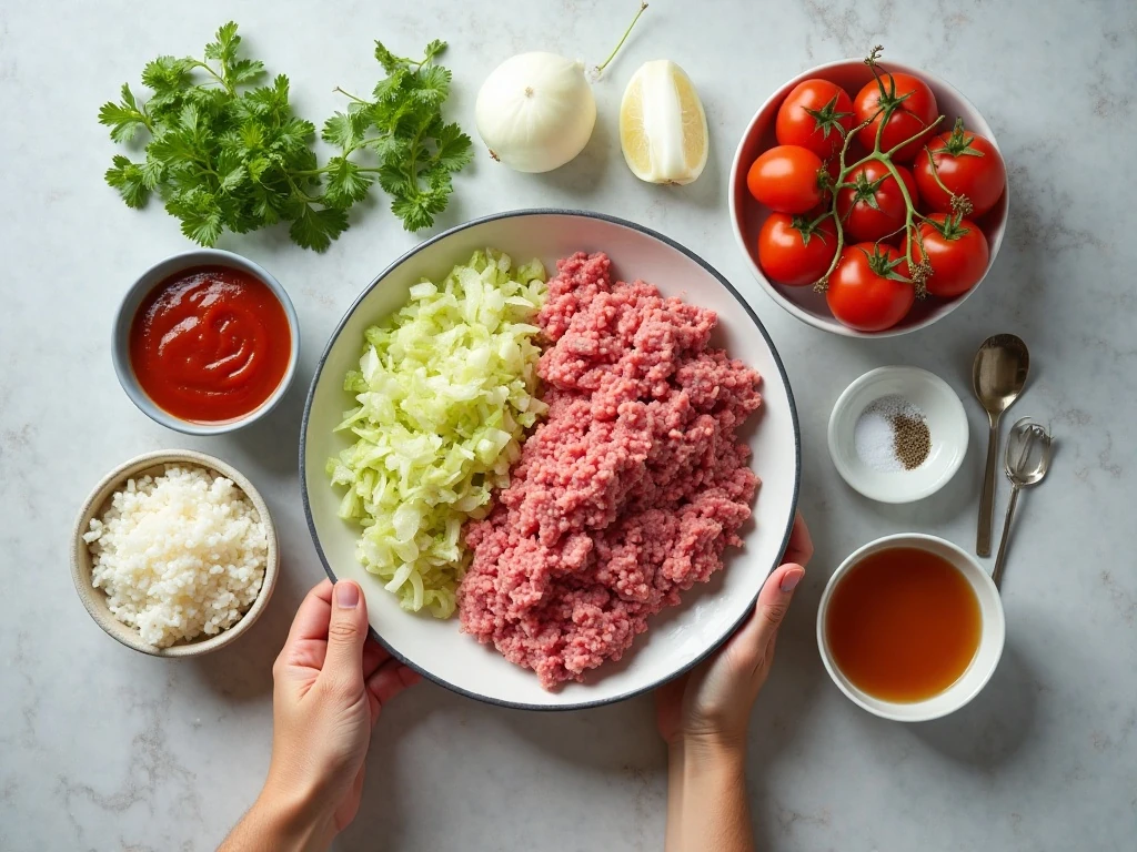 Ingredients for Weight Watchers unstuffed cabbage arranged on a counter
