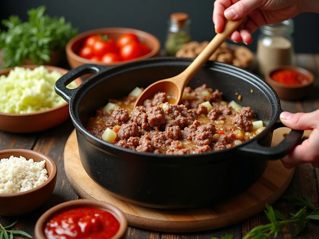 Cooking beef, onion, and cabbage for an unstuffed cabbage skillet
