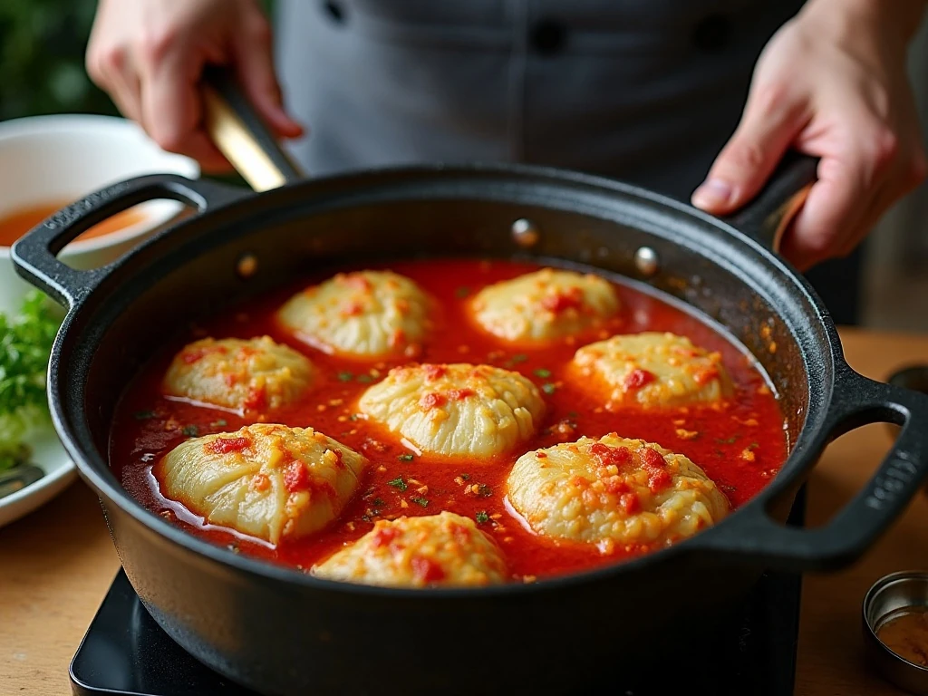 Unstuffed cabbage simmering with rice and tomato sauce