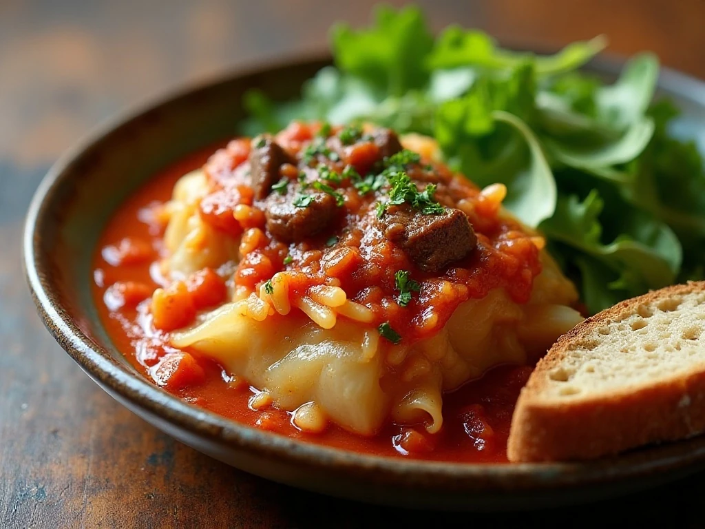 Plated Weight Watchers unstuffed cabbage with salad and bread