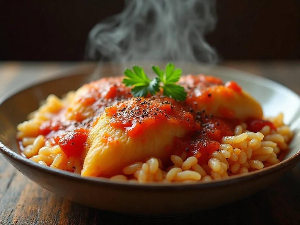 Close-up of reheated unstuffed cabbage with tomato sauce and rice