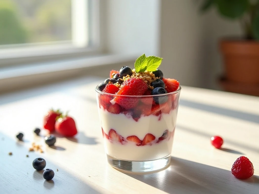 Colorful Weight Watchers yogurt parfait with berries and granola