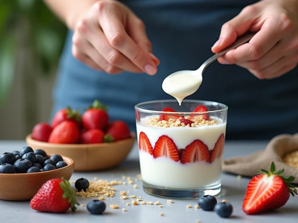 Layering Greek yogurt and berries for a parfait