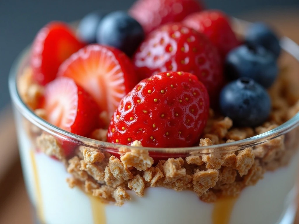 Close-up of parfait layers with strawberries blueberries and granola