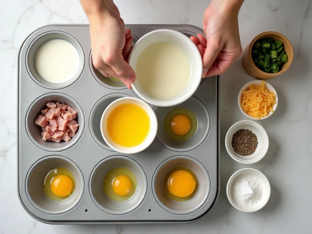 Ingredients for Western omelet cups arranged with a muffin tin
