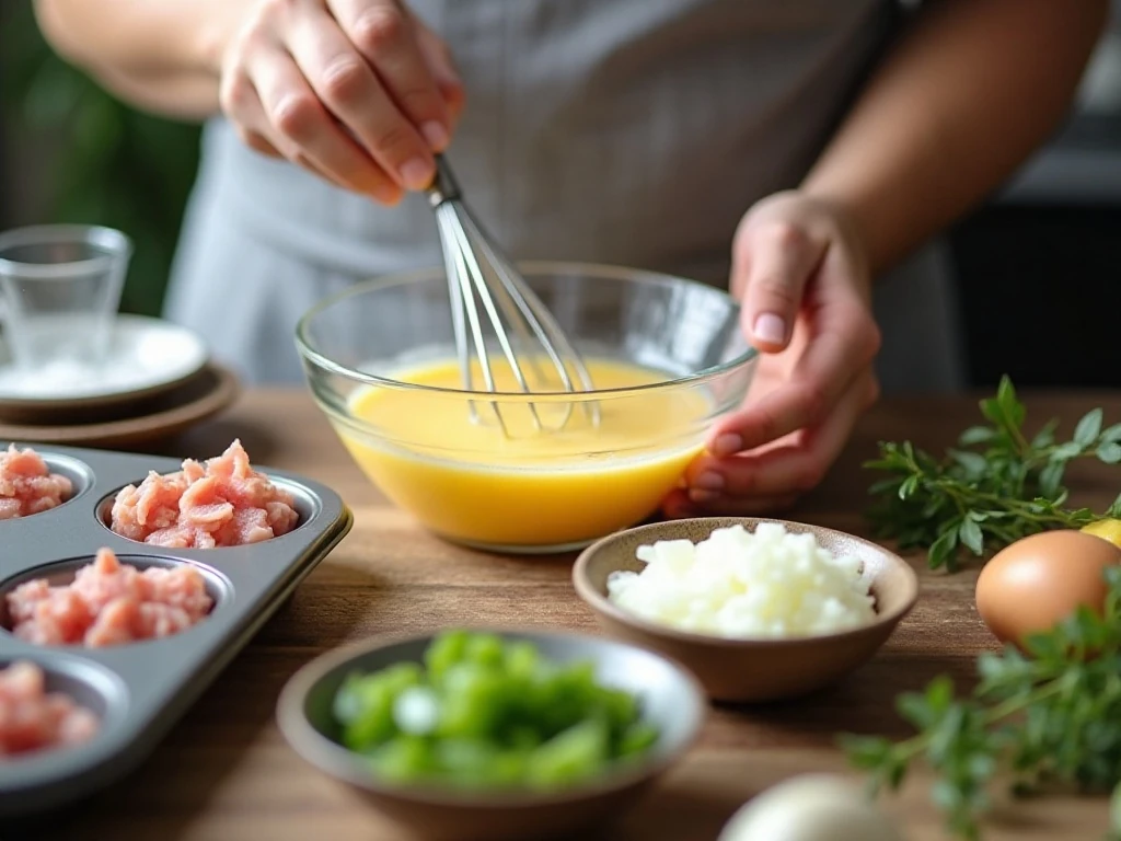 Whisking the egg mixture for baked Western omelet cups