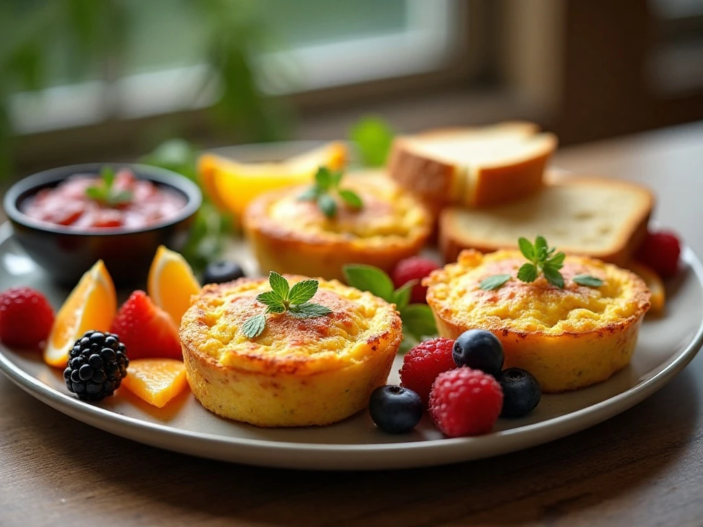 Western omelet cups with fruit, toast, and salsa