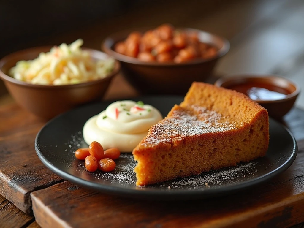 Molasses dishes served with creamy dessert and bright savory sides