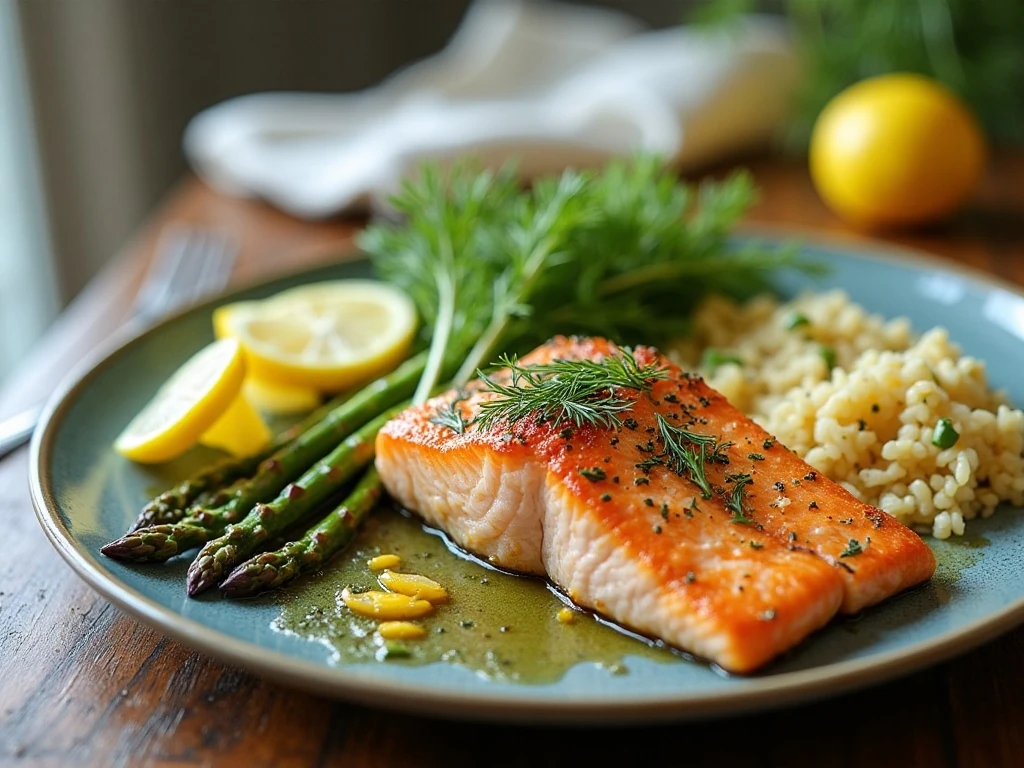 Salmon served with asparagus, garlic-butter rice, and cucumber-dill salad