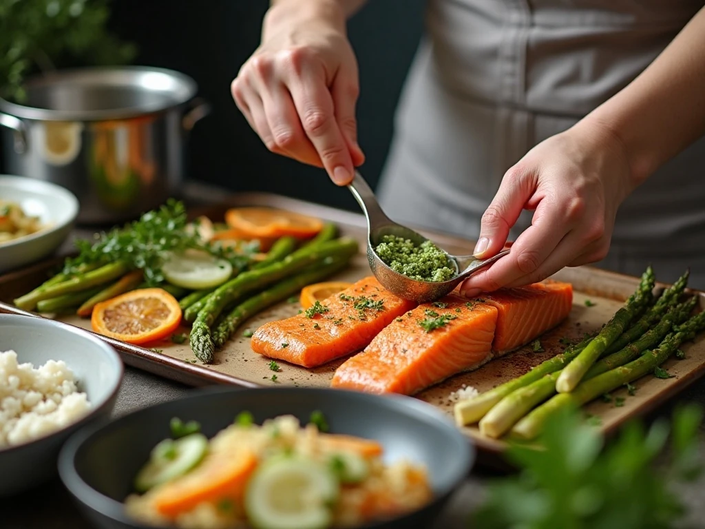Preparing asparagus, rice, and cucumber salad for salmon