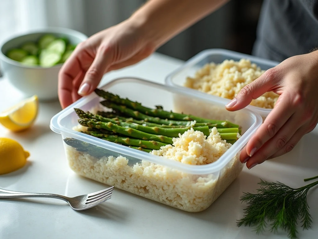 Stored salmon side dishes in separate meal-prep containers