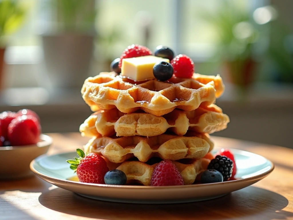 Stack of crisp homemade wheat-free freezer waffles with berries and maple syrup