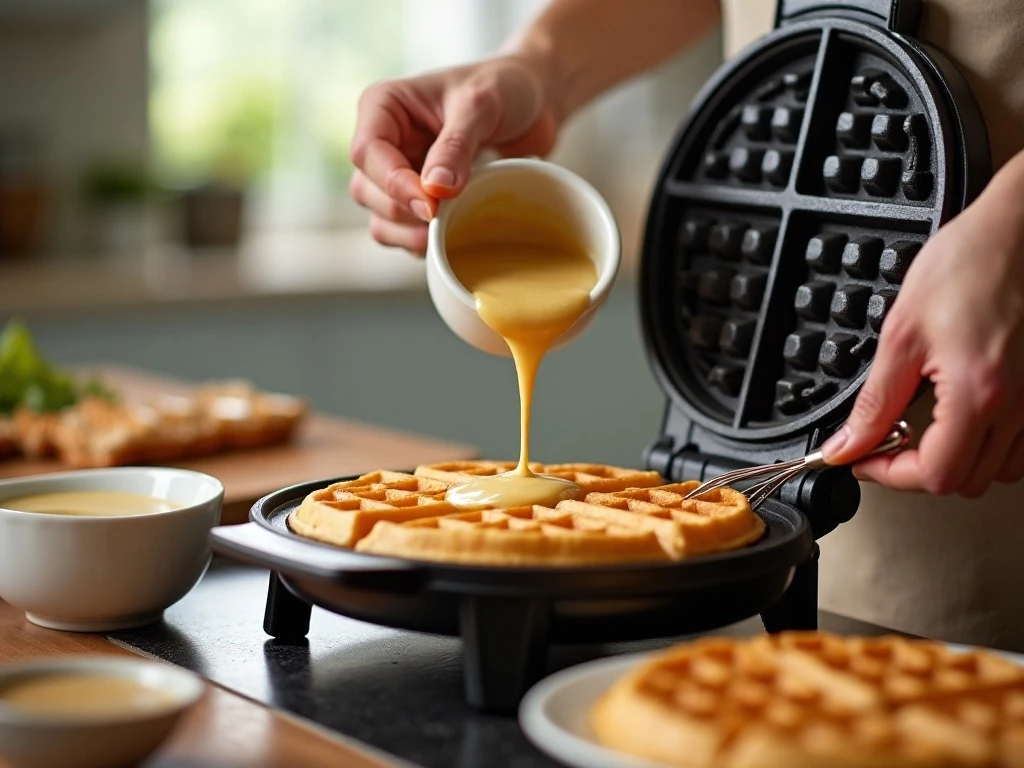 Pouring wheat-free waffle batter into a hot waffle iron