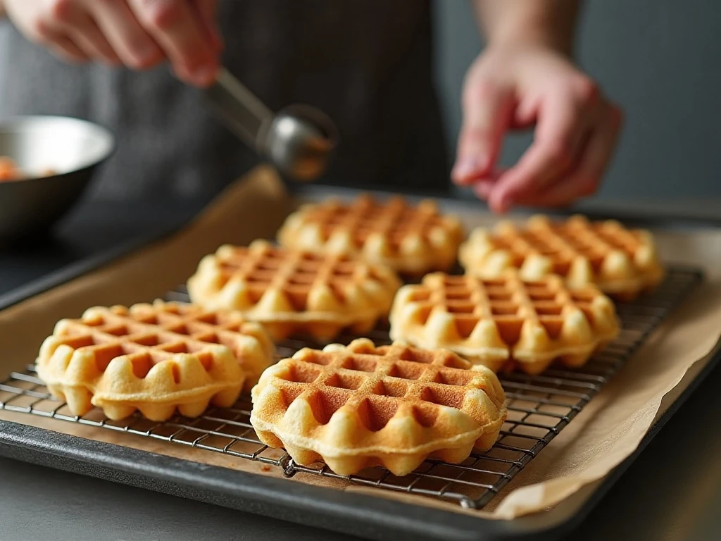 Waffles cooling on a rack before flash-freezing