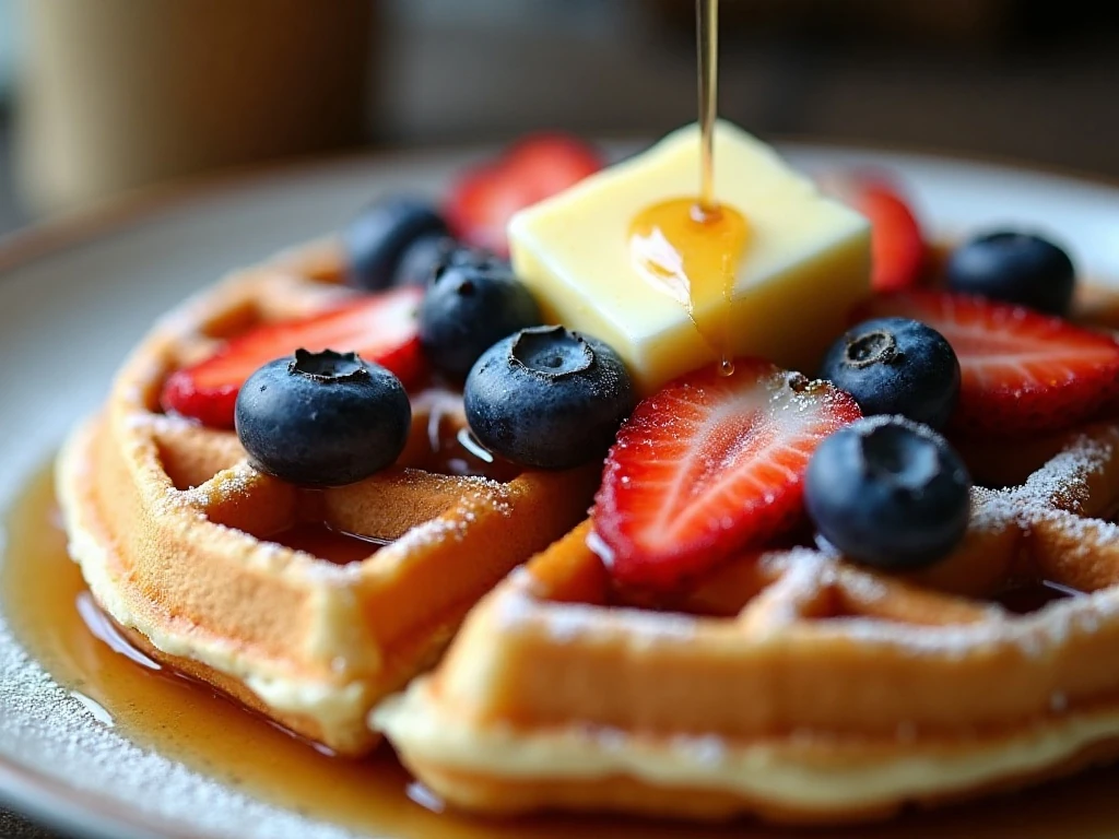 Wheat-free waffle topped with fruit, butter, maple syrup, and powdered sugar