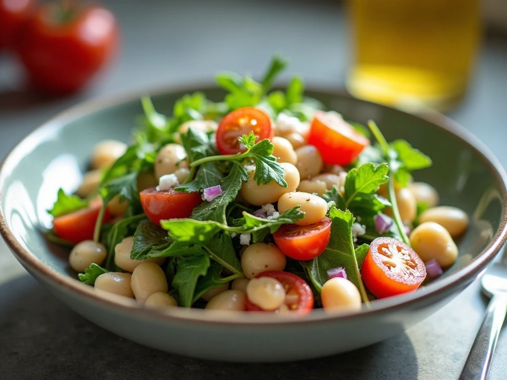 White bean arugula salad with tomatoes, parsley, and lemon dressing