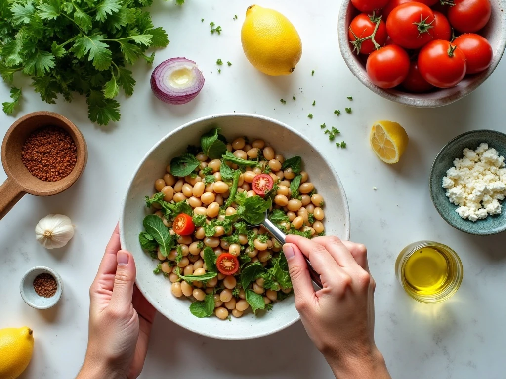 Ingredients for lemony white bean arugula salad