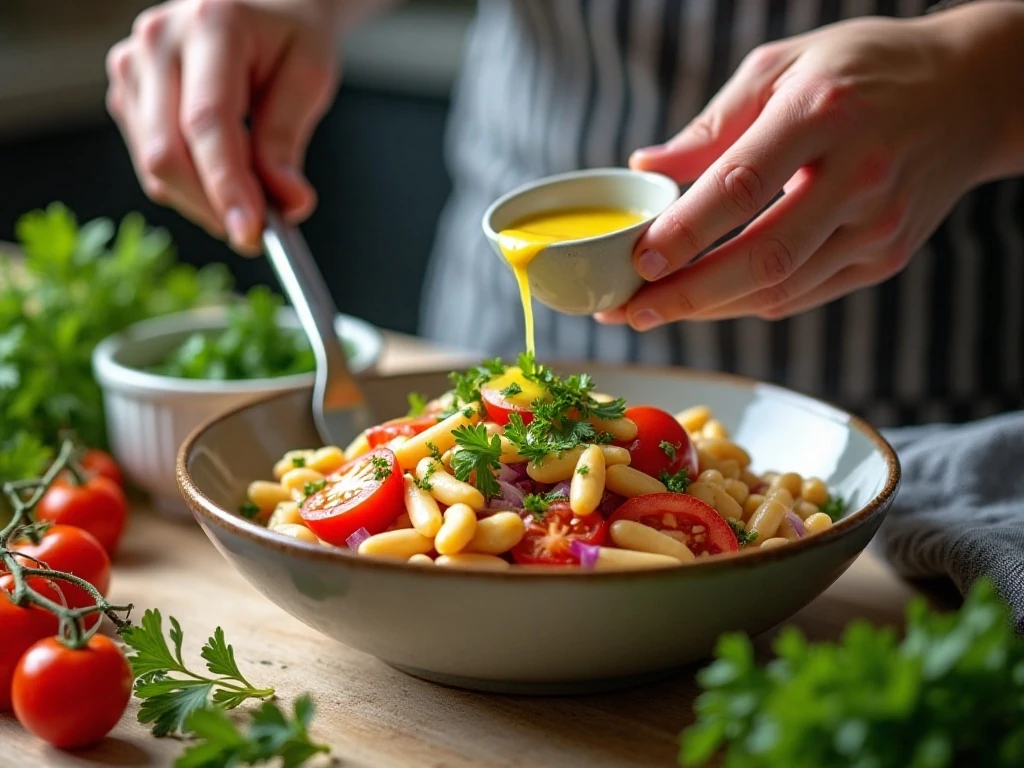 Beans and vegetables being tossed with lemon Dijon dressing