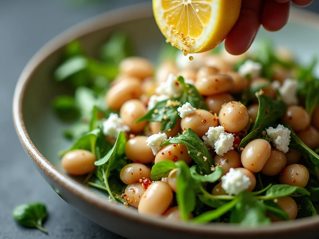 Lemon zest and feta garnish on white bean arugula salad