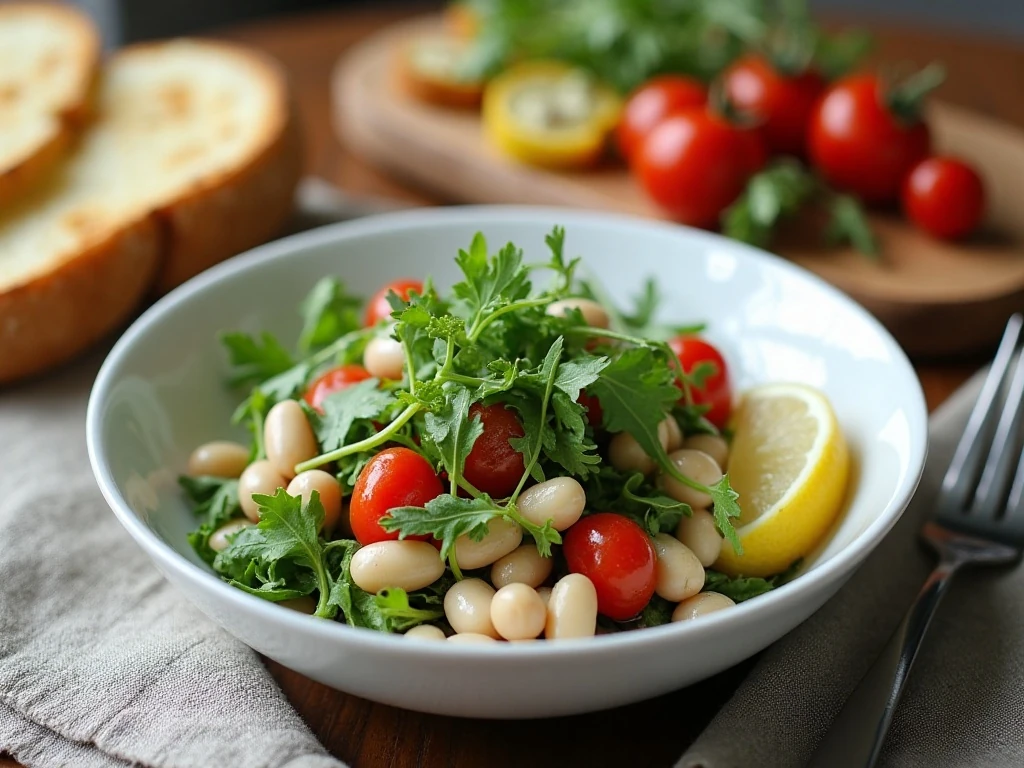 White bean arugula salad served with bread and vegetables