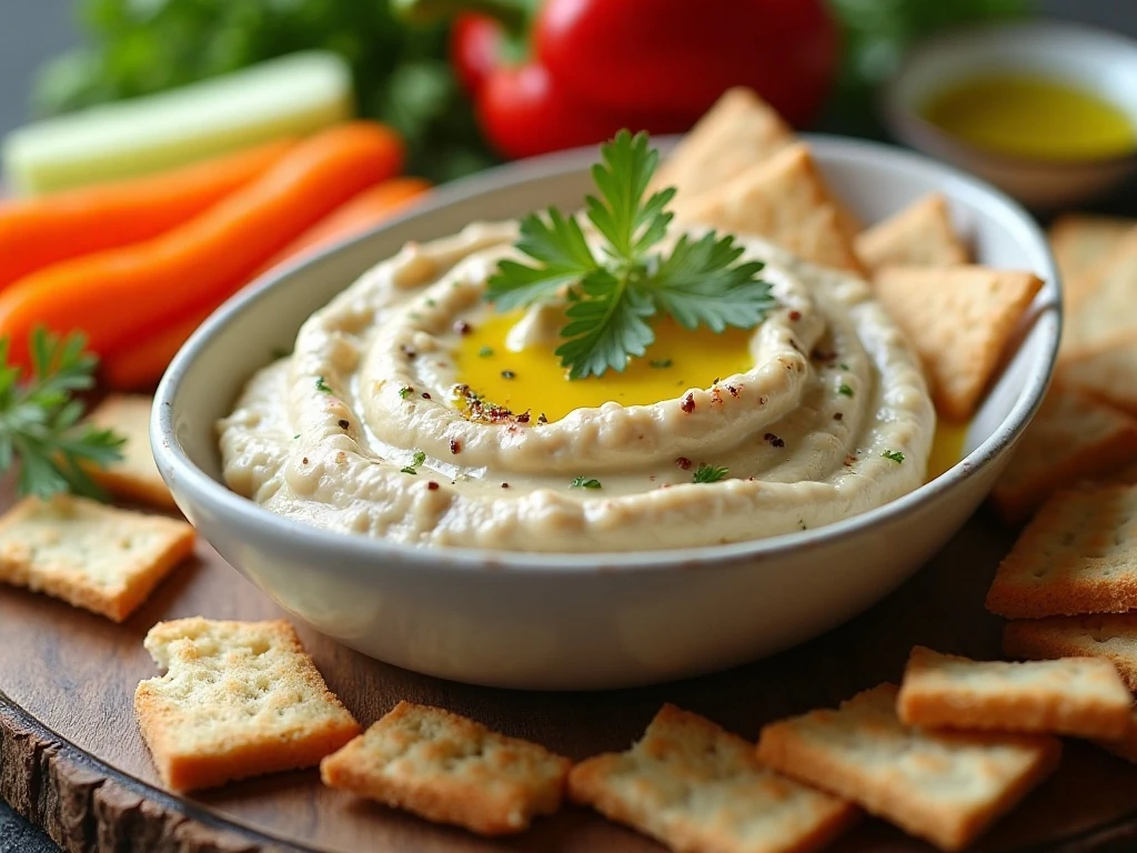 Creamy white bean dip surrounded by pita, crackers, and fresh vegetables