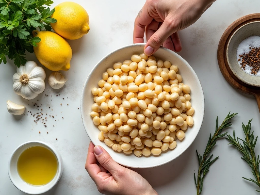 Ingredients for creamy white bean dip arranged in a flat lay