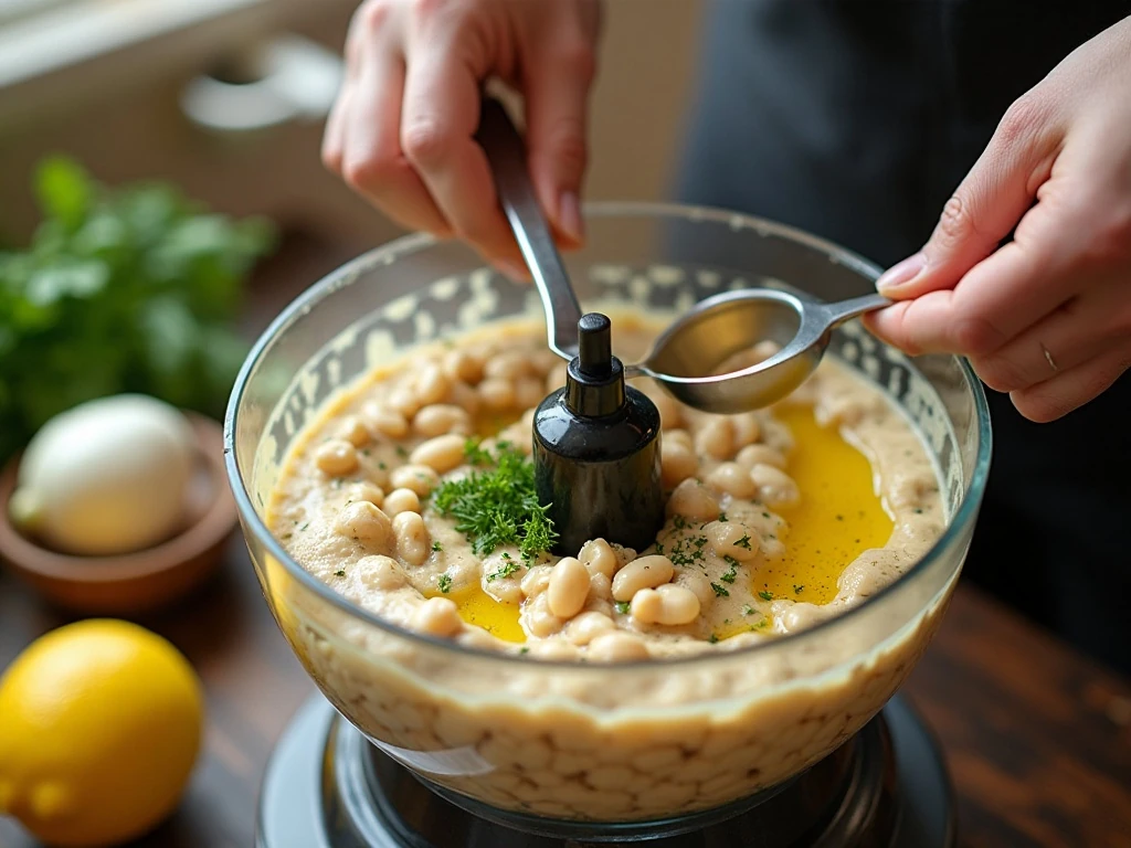White bean dip being blended in a food processor