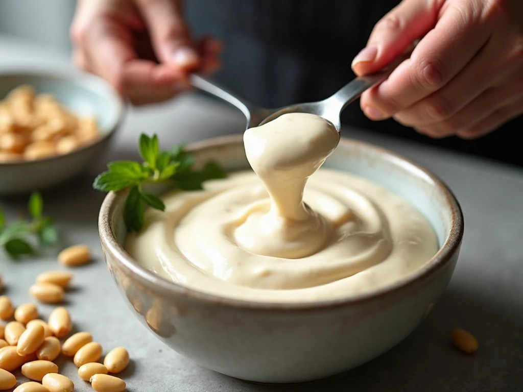 Smooth white bean dip being transferred from a food processor