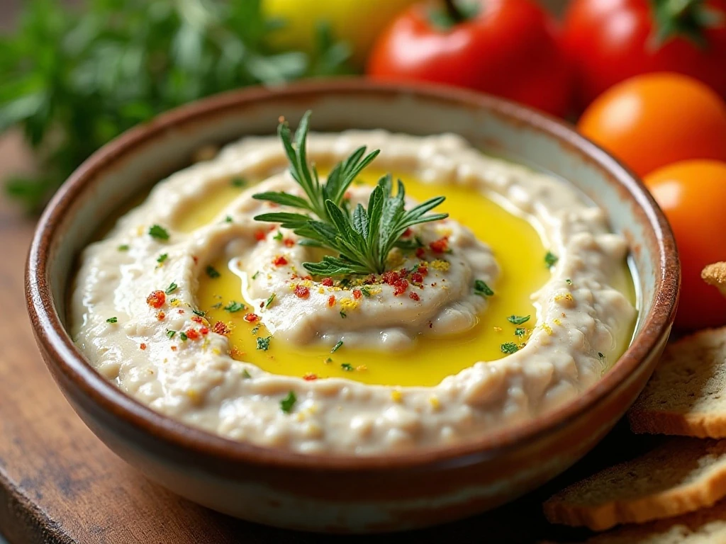 White bean dip topped with olive oil, herbs, lemon zest, and pepper flakes
