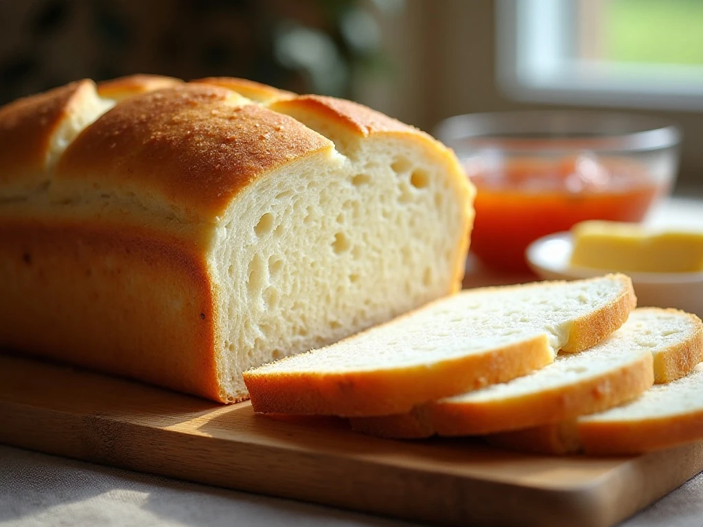 Soft fluffy homemade white bread loaf sliced on a cutting board