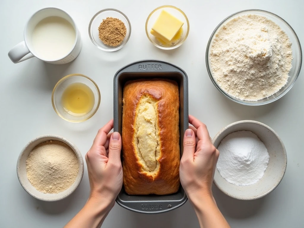 Ingredients for soft white sandwich bread arranged for baking