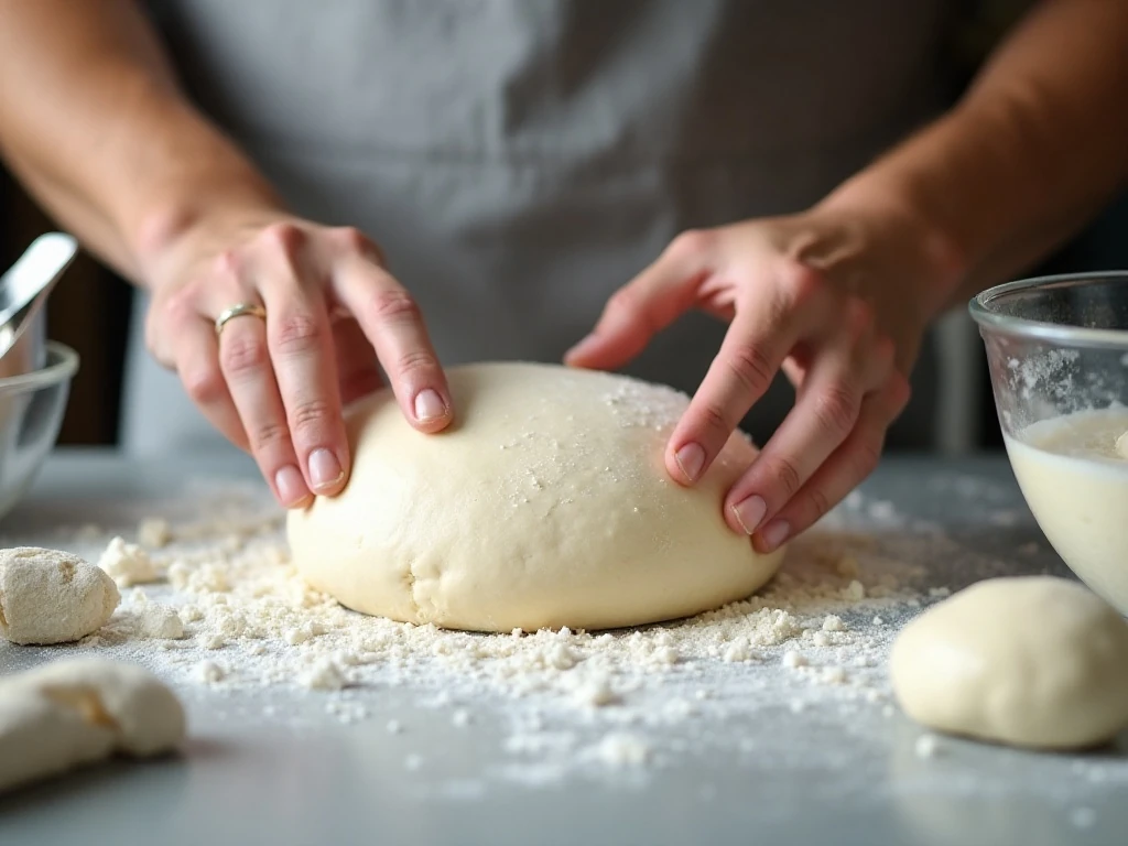 Kneading soft white bread dough before the first rise