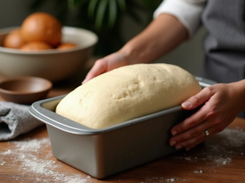 White bread dough rising above the loaf pan rim