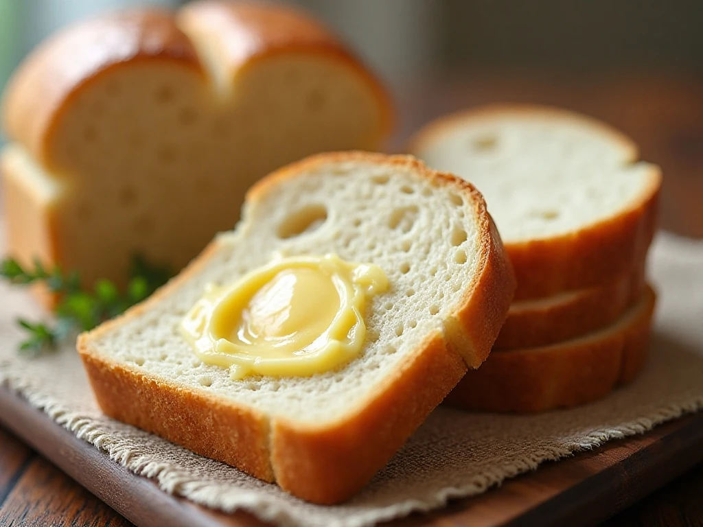 Thick slices of butter-brushed homemade white bread