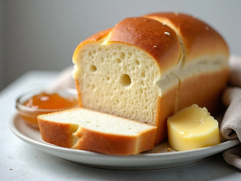Finished homemade white bread loaf with butter and jam