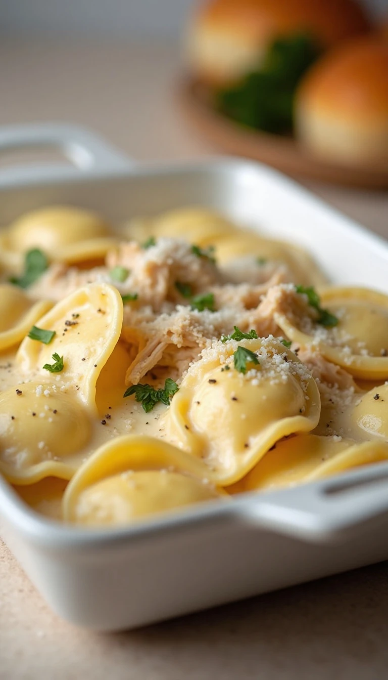 Creamy White Chicken Ravioli Bake Recipe