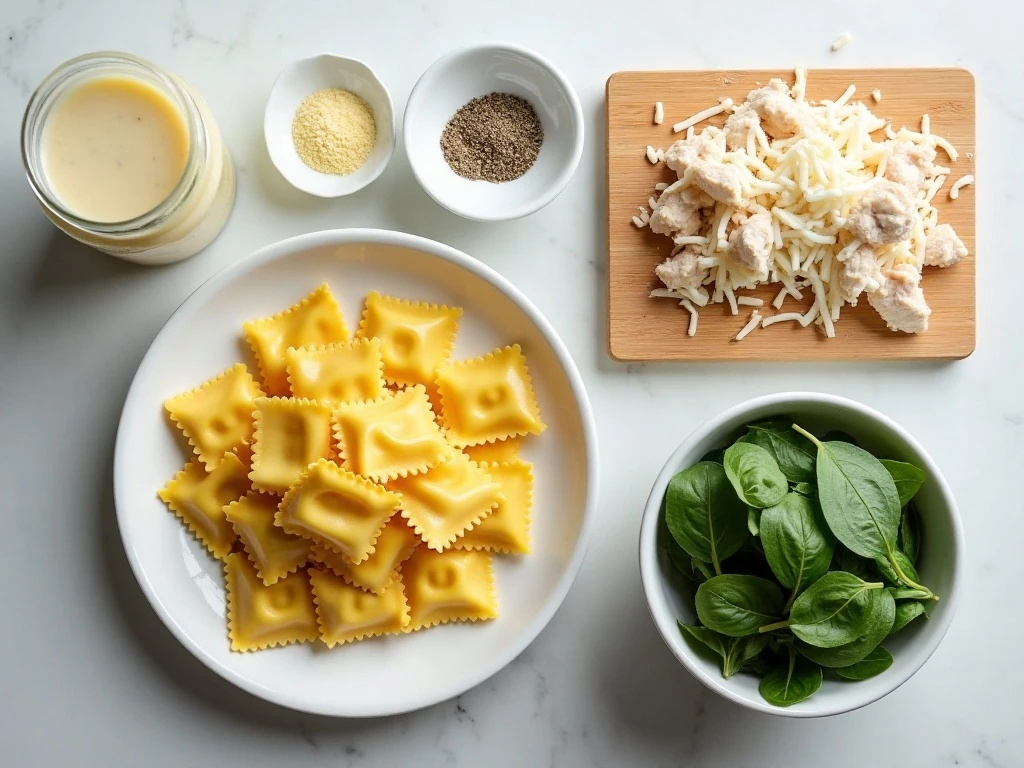 Ingredients for creamy white chicken ravioli bake arranged on a counter