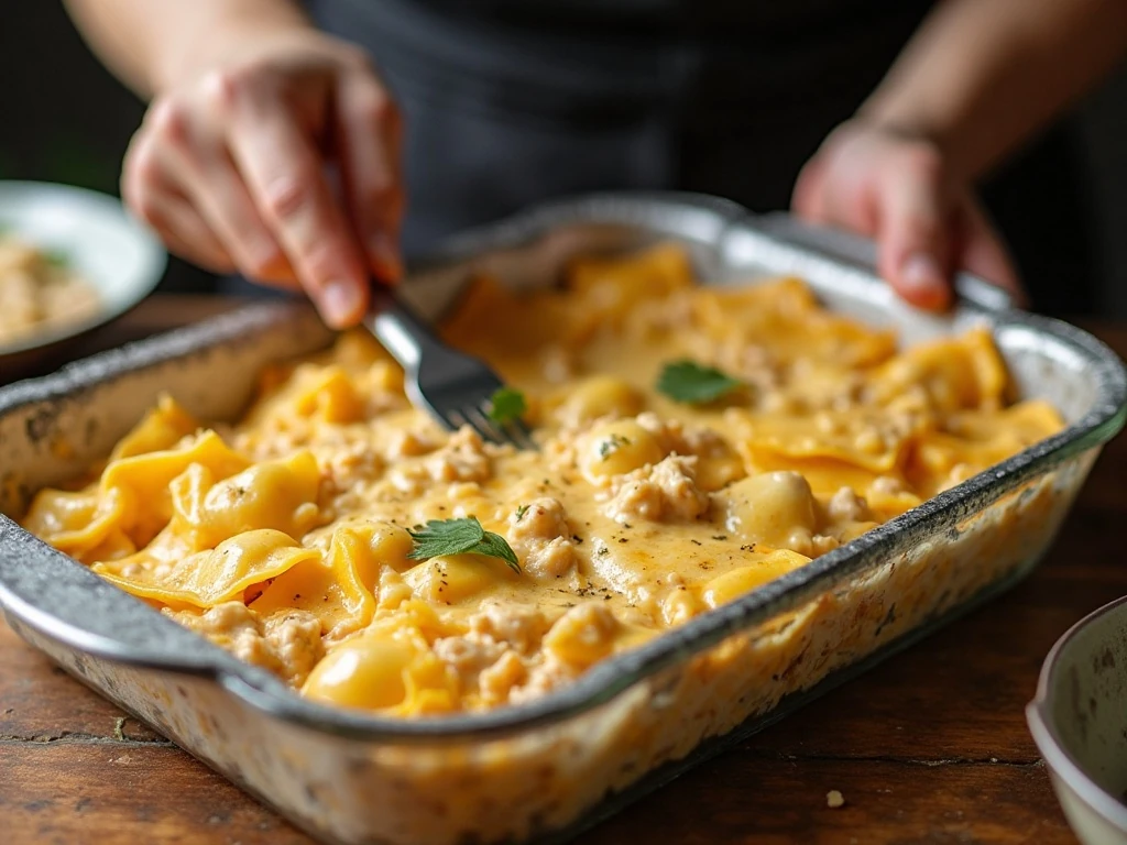 Layering ravioli, chicken, and Alfredo sauce in a baking dish