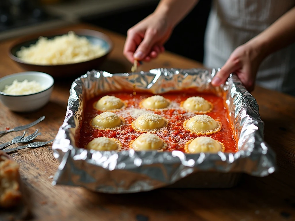 Preparing creamy chicken ravioli casserole for covered baking