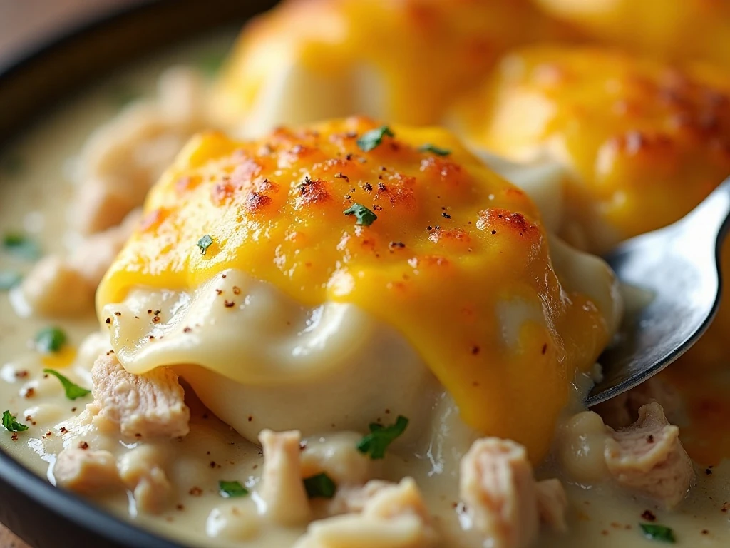 Close-up of golden cheese and creamy ravioli bake topping