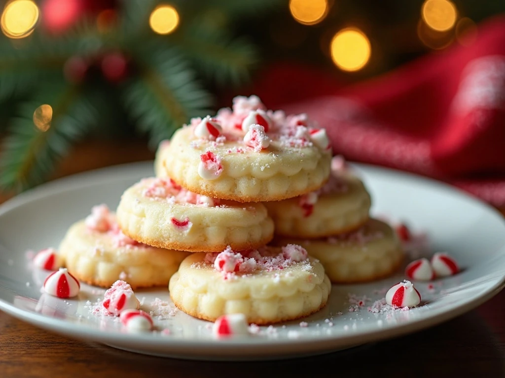 Stack of chewy white chocolate candy cane cookies on a festive holiday plate