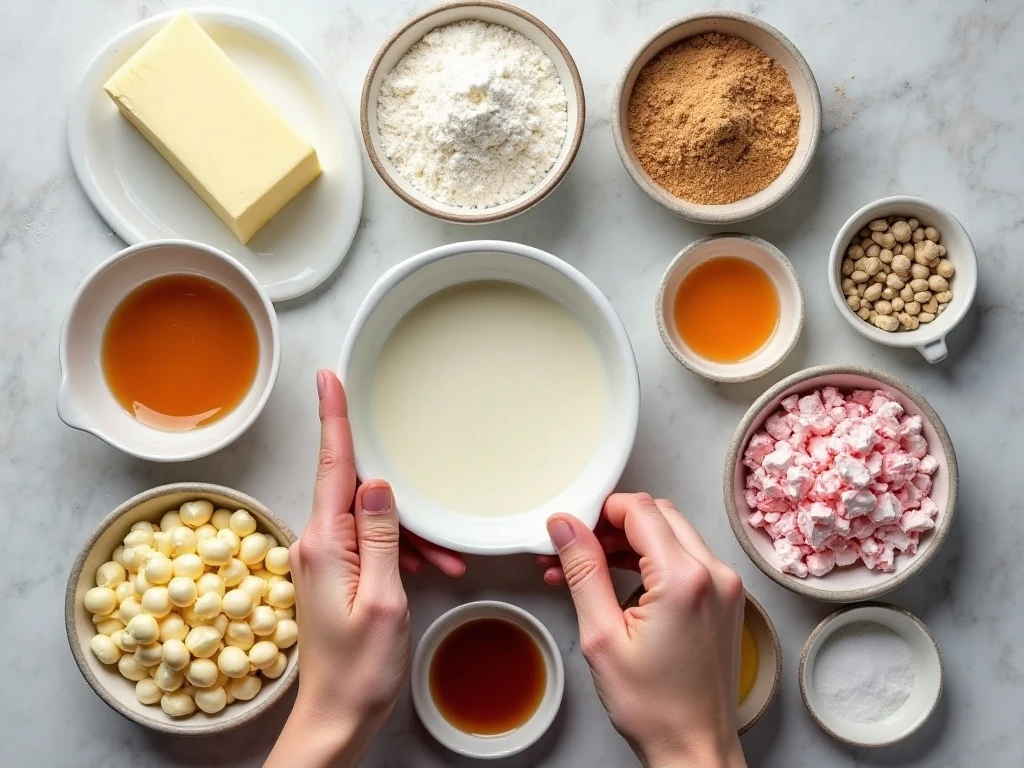 Ingredients for white chocolate candy cane cookies arranged for holiday baking
