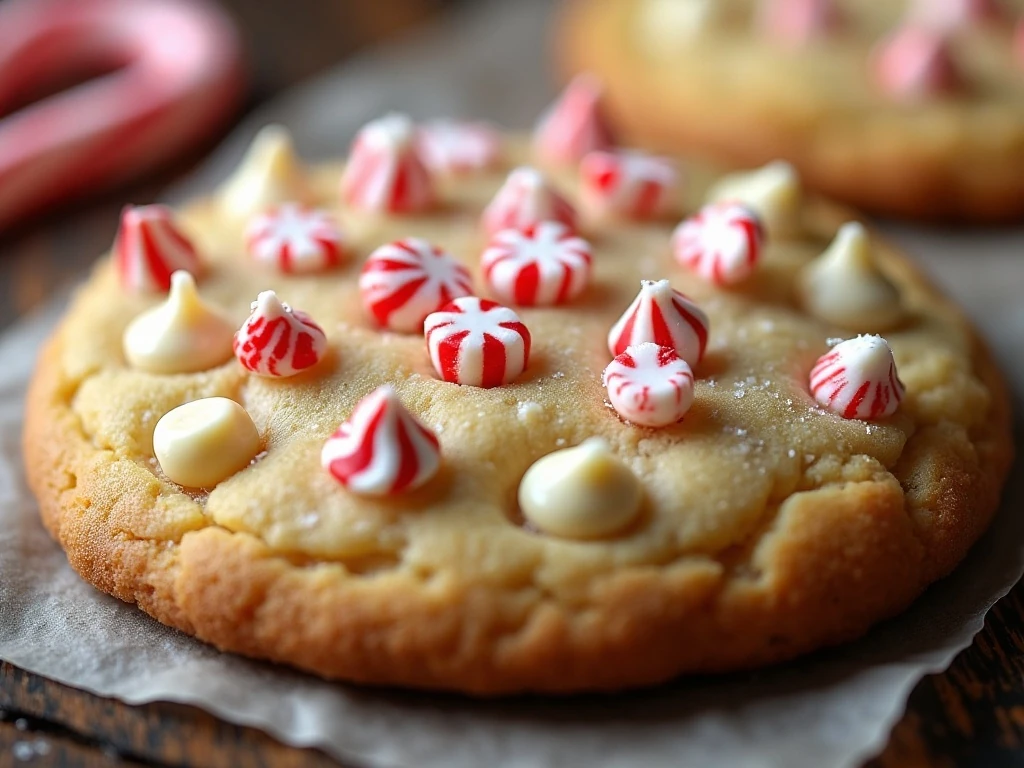 White chocolate candy cane cookie topped with peppermint pieces