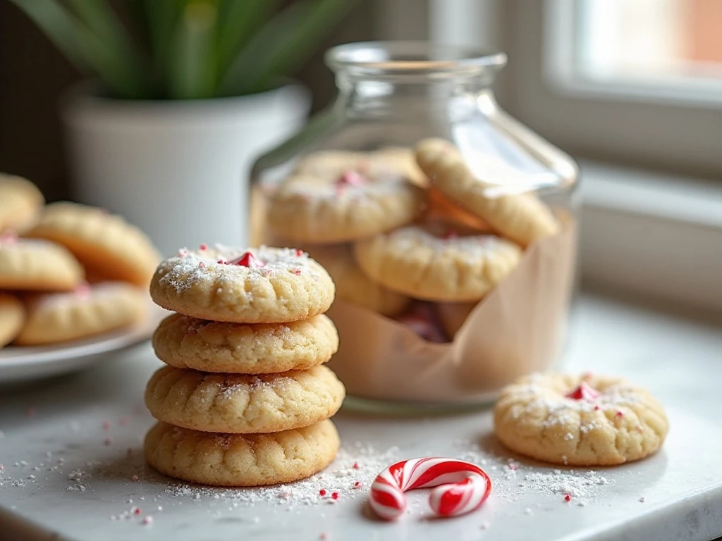 White chocolate candy cane cookies stored in an airtight container