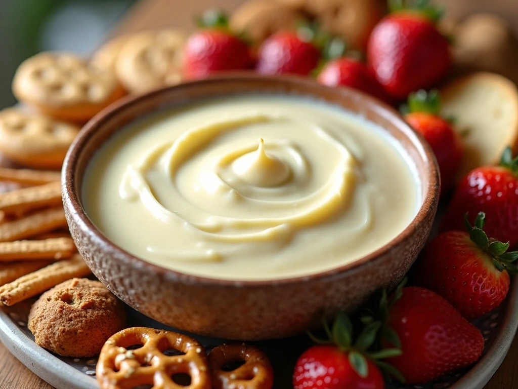 White chocolate cheesecake dip surrounded by assorted dessert dippers