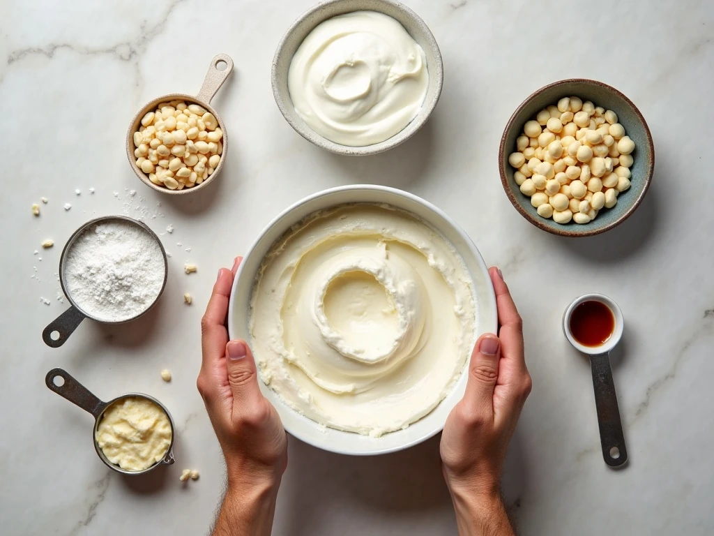 Ingredients for creamy white chocolate cheesecake dip