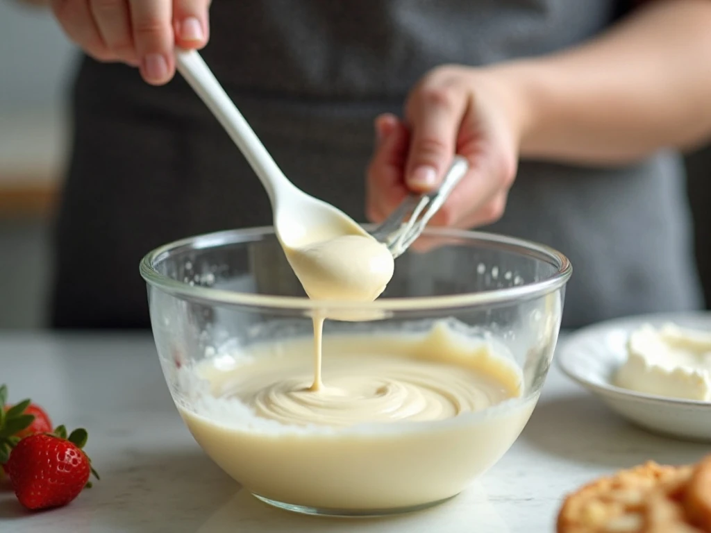 Preparing melted white chocolate and cream cheese for cheesecake dip